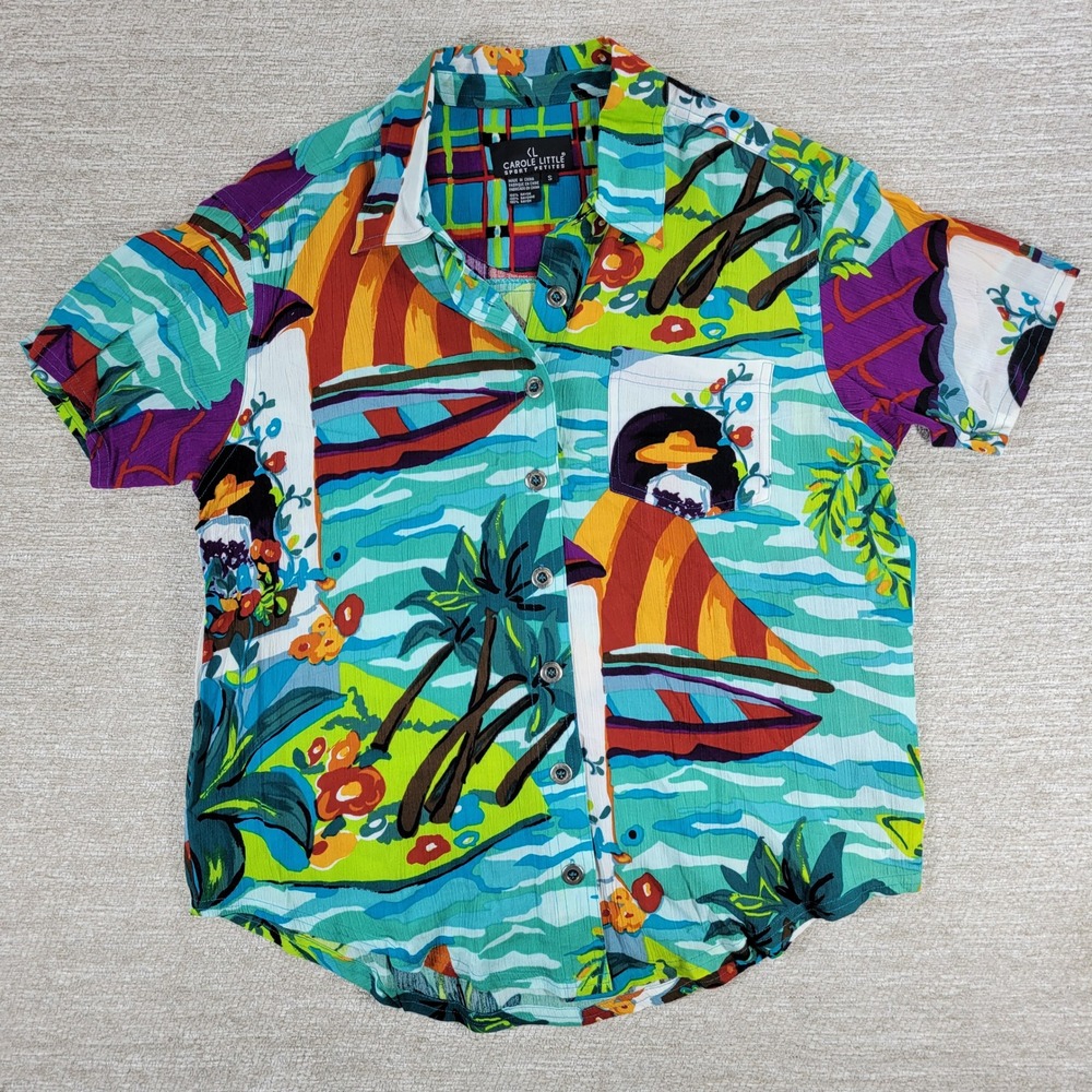 Carole Little Havana Shirt Petite S Tropical Island Print Rayon Button Up NWT